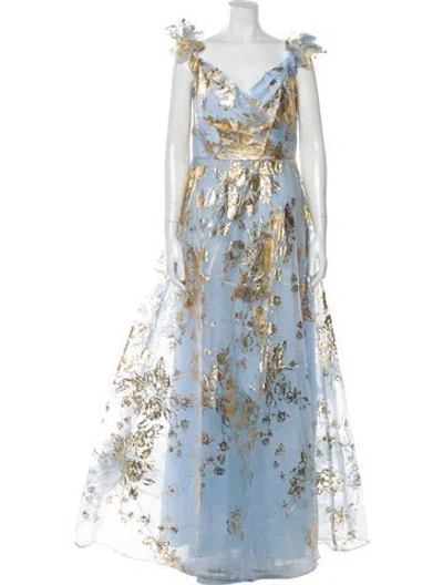Pre-owned Marchesa Notte Printed Long Dress In Blue