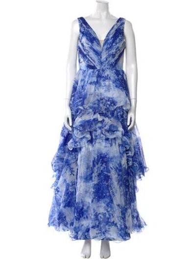 Pre-owned Marchesa Notte Printed Long Dress In Blue