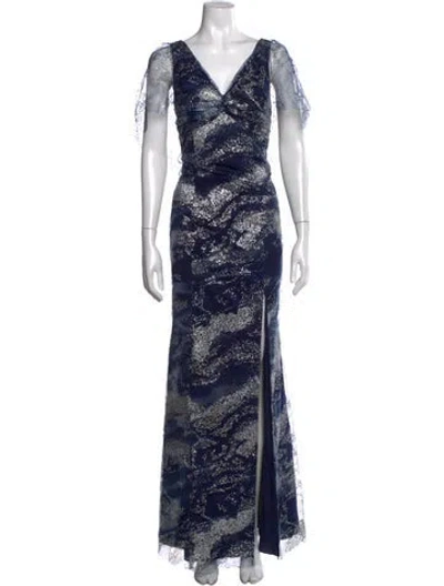 Pre-owned Marchesa Notte Printed Long Dress In Blue