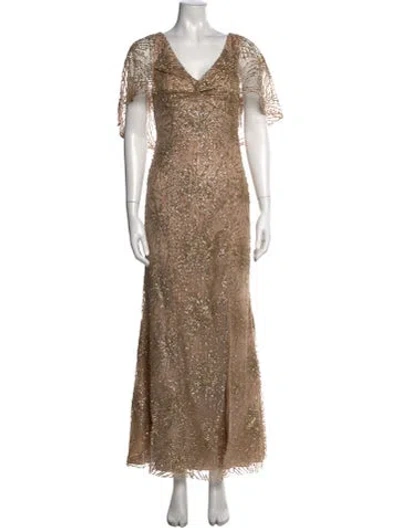 Pre-owned Marchesa Notte Printed Long Dress In Brown/gold