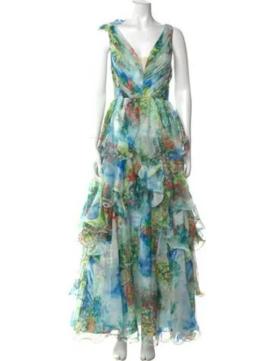 Pre-owned Marchesa Notte Printed Long Dress In Green