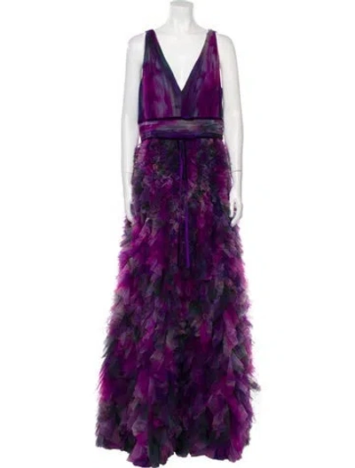 Pre-owned Marchesa Notte Printed Long Dress In Purple