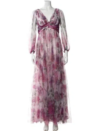 Pre-owned Marchesa Notte Printed Long Dress In Purple