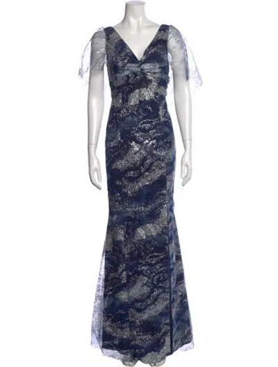 Pre-owned Marchesa Notte Printed Long Dress W/ Tags In Blue