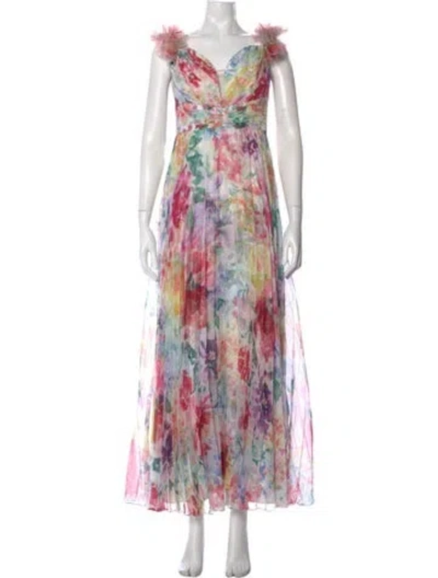 Pre-owned Marchesa Notte Printed Long Dress In White