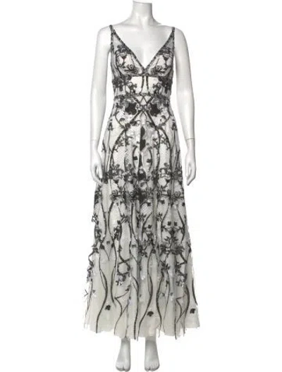 Pre-owned Marchesa Notte Printed Long Dress In White