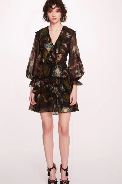 Marchesa Notte Printed Long-sleeve Mini Dress In Multi