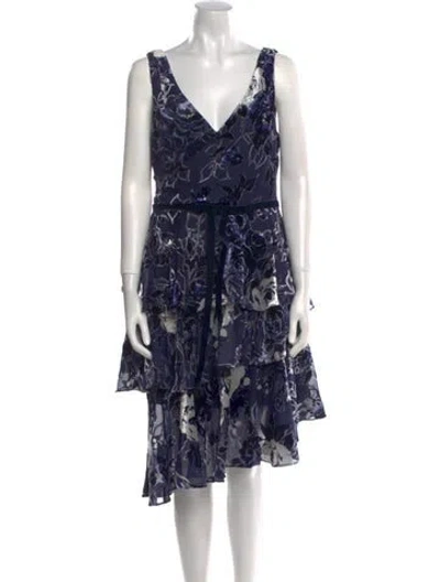 Pre-owned Marchesa Notte Printed Midi Length Dress In Blue