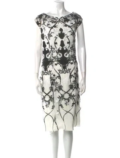 Pre-owned Marchesa Notte Printed Midi Length Dress In White