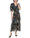 Marchesa Notte Printed Silk-blend Ruffle Midi Dress In Blue