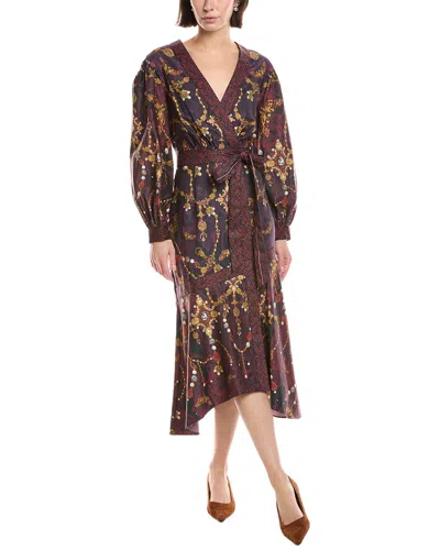 Marchesa Notte Printed V-neck Midi Dress In Brown