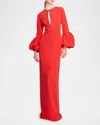 Marchesa Notte Puff-sleeve Cutout Column Gown In Scarlet