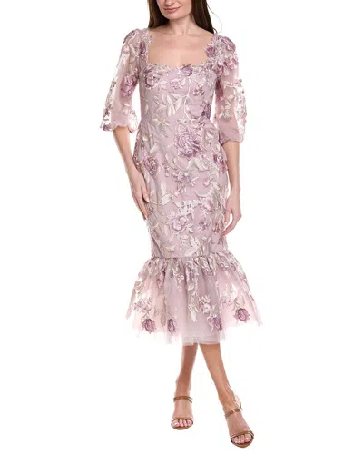 Marchesa Notte Puff Sleeve Midi Dress In Multi