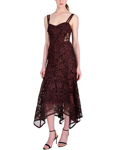 Marchesa Notte Ribbon Strap Corded Lace Handkerchief Hem Midi Dress In Brown