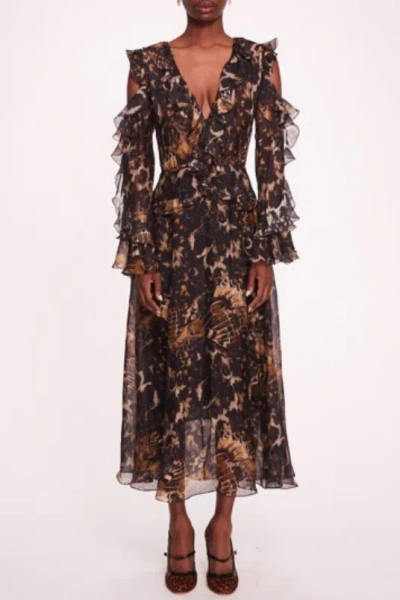 Marchesa Notte Ruffled Long-sleeve Midi Dress In Multi