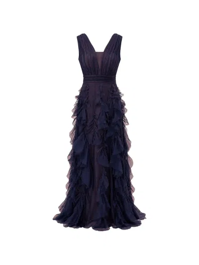 Marchesa Notte Ruffled Silk-organza Maxi Dress In Blue