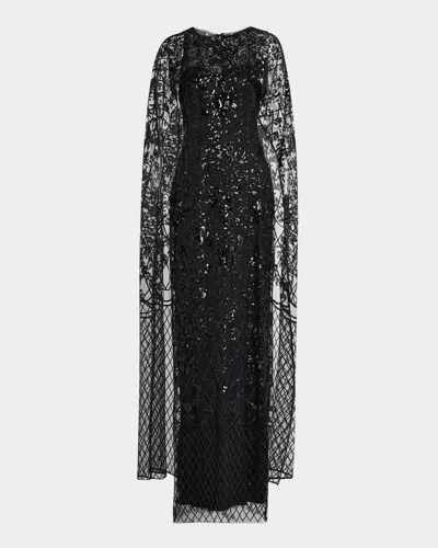 Marchesa Notte Sequin Cape Column Gown In Black