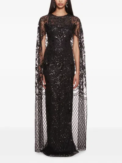 Marchesa Notte Sequin-embellished Cape Gown In Black