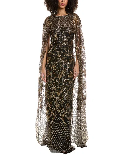 Marchesa Notte Cape-effect Embellished Tulle Gown In Gold