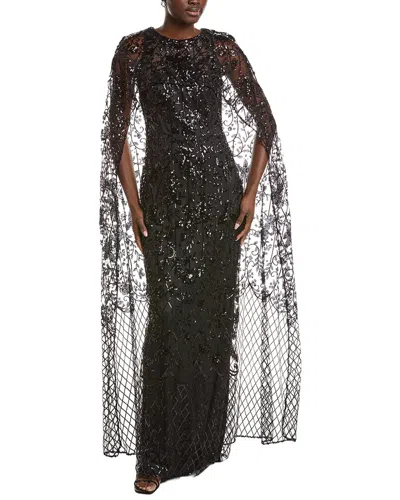 Marchesa Notte Cape-effect Sequined Tulle Gown In Black