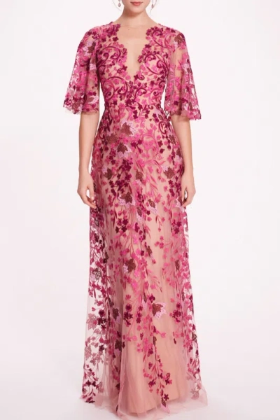 Marchesa Notte Short Sleeve V-neck Tulle Gown In Multi