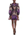 Marchesa Notte Long Sleeve Printed Silk Dress In Purple