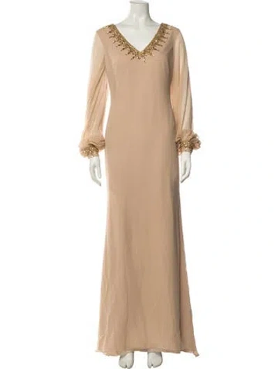 Pre-owned Marchesa Notte Silk Long Dress In Neutrals