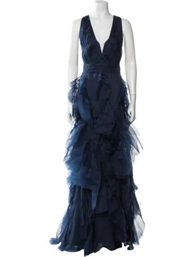Pre-owned Marchesa Notte Silk Long Dress W/ Tags In Blue