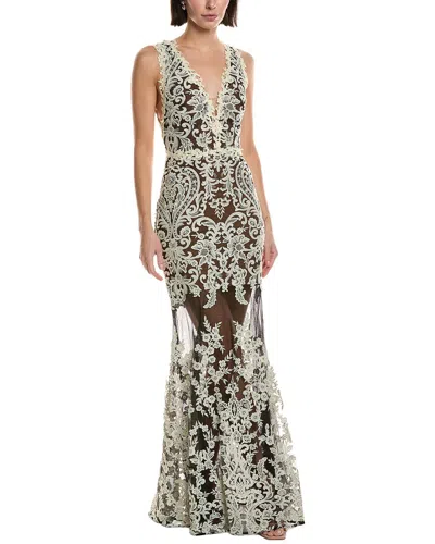 Marchesa Notte Sleeveless Deep V-neck Embroidered Gown In Multi