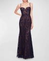 MARCHESA NOTTE SLEEVELESS FLORAL LACE SWEETHEART GOWN