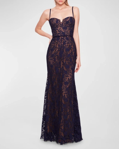 Marchesa Notte Sleeveless Floral Lace Sweetheart Gown In Navy