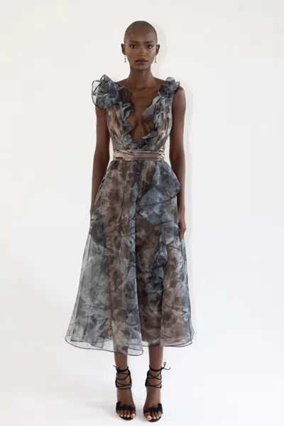 Marchesa Notte Sleeveless Ruffled Midi Dress In Multi