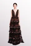 MARCHESA NOTTE SLEEVELESS TIERED TULLE DRESS