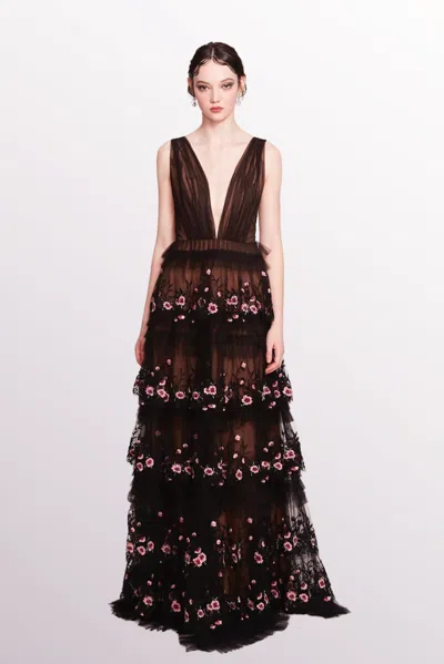 Marchesa Notte Sleeveless Tiered Tulle Dress In Multi