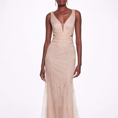 Marchesa Sleeveless V-neck Glitter Gown In Nude