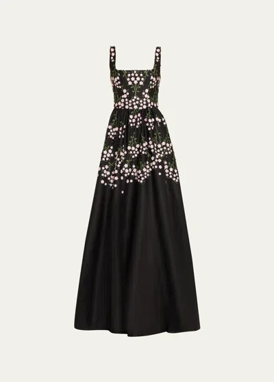 Marchesa Notte Square-neck Embroidered Floral Applique Gown In Black Blush