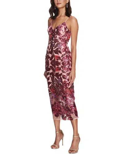 Marchesa Notte Botanical Sequin Midi Dress In Pink