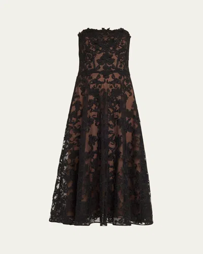 Marchesa Notte Strapless A-line Lace Midi Dress In Black