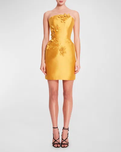 Marchesa Notte Strapless Floral Applique Mini Dress In Yellow
