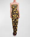 Marchesa Notte Strapless Floral-embroidered Column Gown In Yellow Black