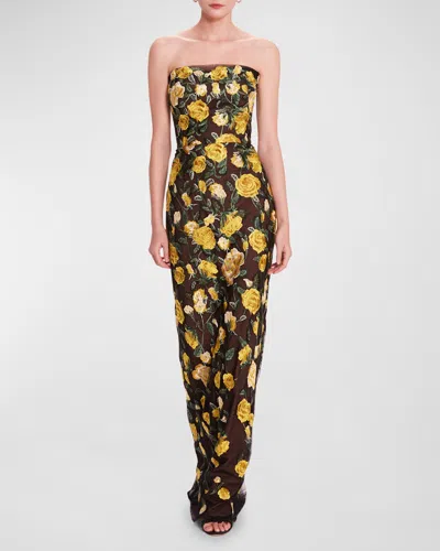 Marchesa Notte Strapless Floral-embroidered Column Gown In Multi