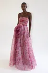MARCHESA NOTTE STRAPLESS FLOWER EVENING DRESS