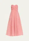 Marchesa Notte Strapless Pleated Jacquard Midi Dress In Pink