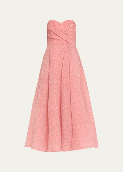 Marchesa Notte Strapless Pleated Jacquard Midi Dress In Baby Pink