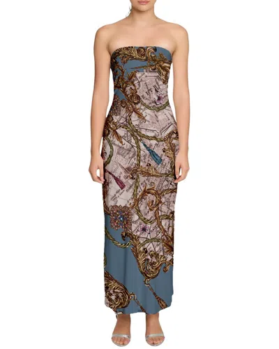 Marchesa Notte Strapless Printed Midi Dress In Blue
