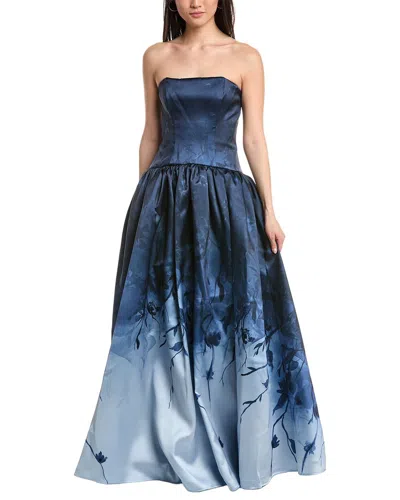 Marchesa Notte Strapless Printed Mikado Ball Gown In Blue