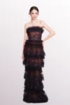 Marchesa Notte Strapless Tiered Embellished Tulle Gown In Multi