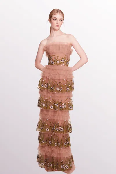 Marchesa Notte Strapless Tiered Embellished Tulle Gown In Multi