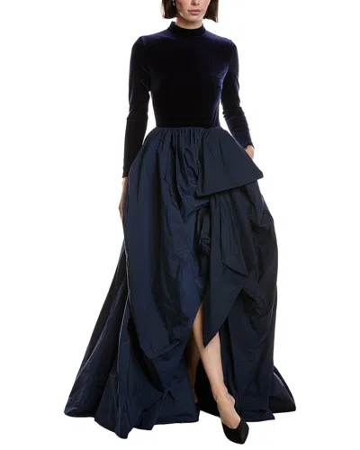 Marchesa Notte Stretch Velvet Gown In Blue