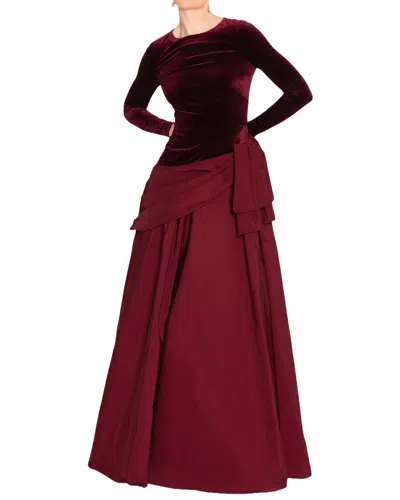 Marchesa Notte Stretch Velvet Long Sleeve Gown In Burgundy
